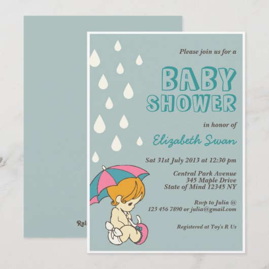 Cute Baby and Umbrella Baby shower Invitation Blue Kaart (Voorkant / Achterkant)