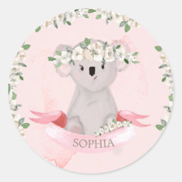 Cute Baby Animal Koala Pink Floral Ronde Sticker