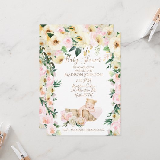 Cute Baby Basket Floral Baby shower Kaart (Voorkant / Achterkant in situ)