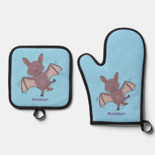 Cute baby bat vliegende cartoon illustratie ovenwant & pannenlap set