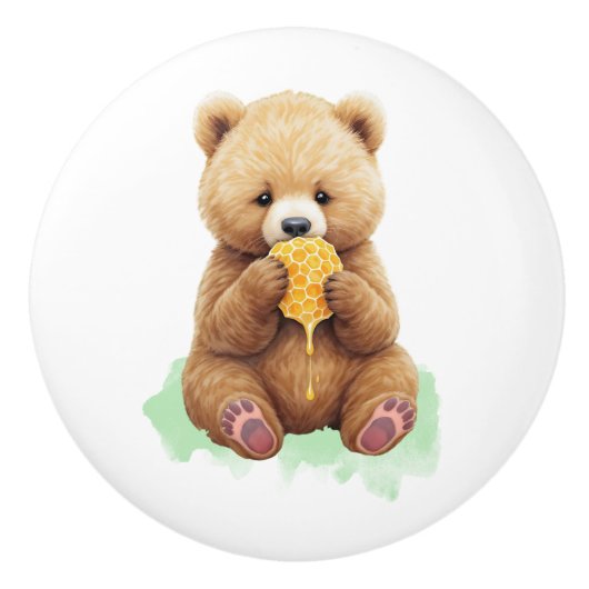 Cute Baby Bear Cup eating Honey Keramische Knop (Voorkant)