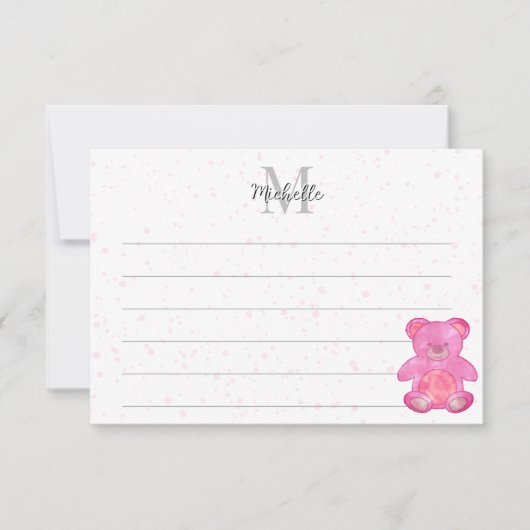 Cute Baby Bear In Pink Custom Lined Monogram  Notitiekaartje (Voorkant)