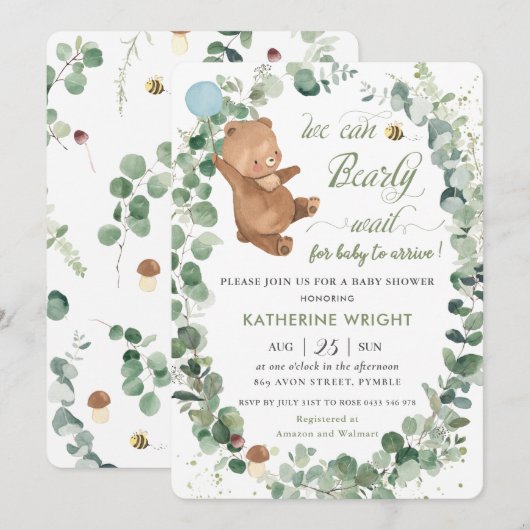 Cute Baby Beer Greenery Boy Baby shower Invitation Kaart (Voorkant / Achterkant)