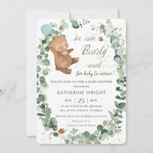 Cute Baby Beer Greenery Boy Baby shower Invitation Kaart (Voorkant)