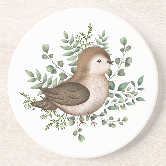 Cute Baby Bird Forest Greenery Woodland Pattern Zandsteen Onderzetter (Voorkant)
