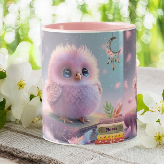 Cute Baby Bird Owl on a Book Personated Tweekleurige Koffiemok