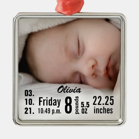 Cute Baby Birth Stats Birth Record Kerstfoto Metalen Ornament (Voorkant)