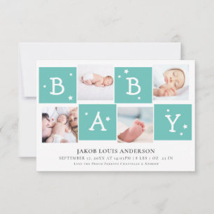 Cute BABY Block Photo Collage Newborn Baby   BLAUW Aankondiging