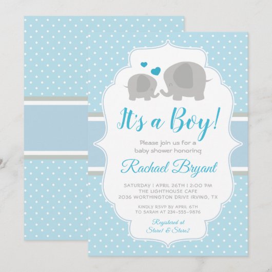 Cute Baby Blue Boy Elephant Baby shower Kaart (Voorkant / Achterkant)