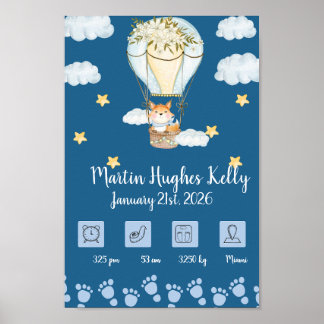 Cute Baby Blue Heet Luchtballon Cadeau - Baby Data Poster
