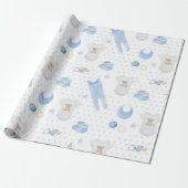 Cute Baby Blue Pattern Waterverf Baby shower Cadeaupapier (Uitgerold)
