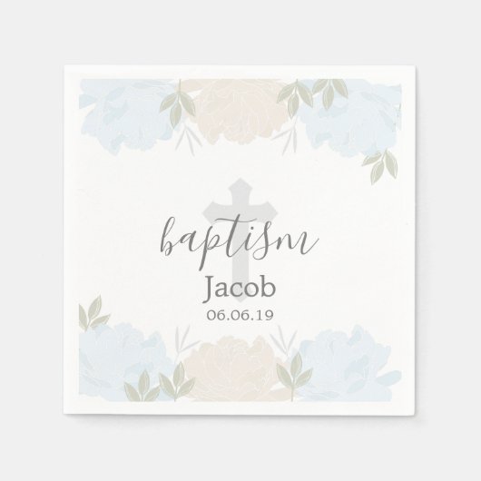 Cute Baby Blue Peonies Baby Baptisme Servet (Voorkant)