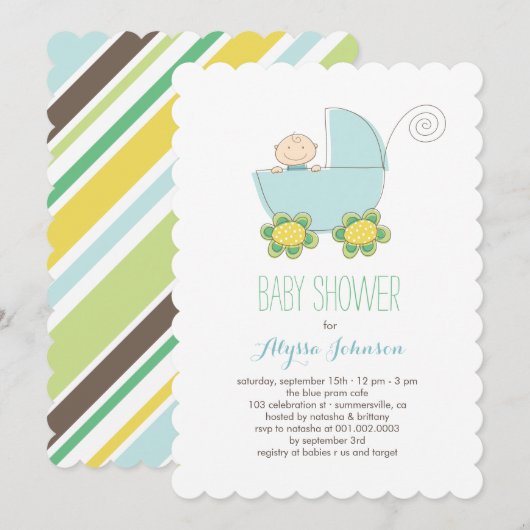 Cute Baby Blue Pram Baby shower Invite Kaart (Voorkant / Achterkant)