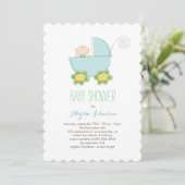 Cute Baby Blue Pram Baby shower Invite Kaart (Staand voorkant)