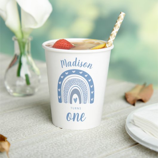 Cute Baby Blue Rainbow Boho First Birthday Papieren Bekers (Insitu)