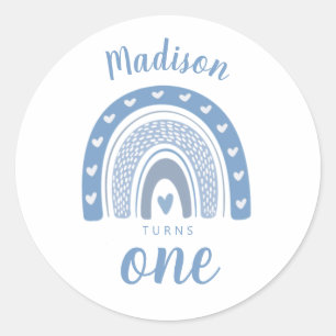 Cute Baby Blue Rainbow Boho First Birthday Ronde Sticker