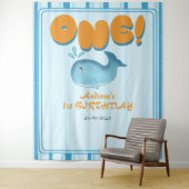 Cute Baby Blue Whale 1st Birthday Backdrop Wandkleed (In situ)