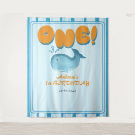 Cute Baby Blue Whale 1st Birthday Backdrop Wandkleed