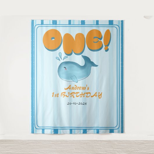 Cute Baby Blue Whale 1st Birthday Backdrop Wandkleed (Voorkant)