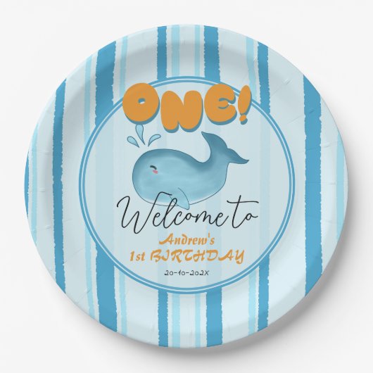 Cute Baby Blue Whale 1st Birthday Papieren Bordje (Voorkant)