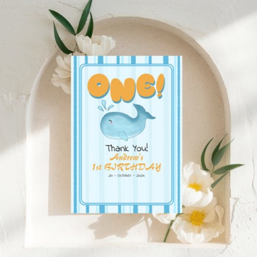 Cute Baby Blue Whale 1st Birthday Stripes Bedankkaart
