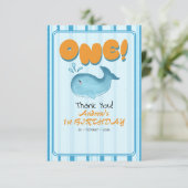 Cute Baby Blue Whale 1st Birthday Stripes Bedankkaart (Staand voorkant)