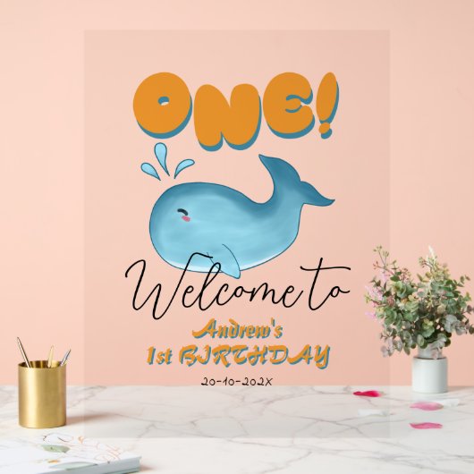 Cute Baby Blue Whale 1st Birthday Welcome Acryl Bord (Huwelijk)