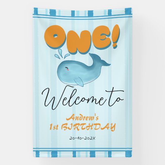 Cute Baby Blue Whale 1st Birthday Welcome Spandoek (Verticaal)
