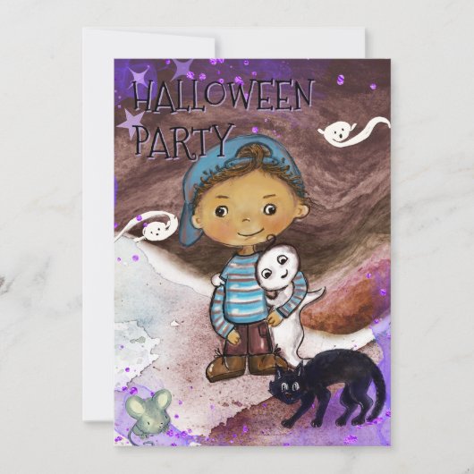 Cute Baby boo, cat & Boy Halloween Party Kaart (Voorkant)