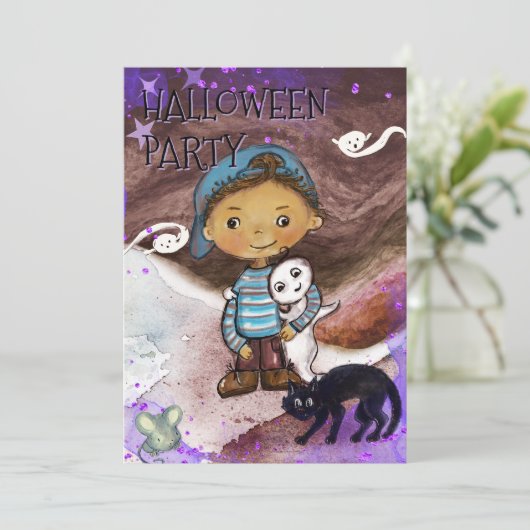 Cute Baby boo, cat & Boy Halloween Party  Kaart (Staand voorkant)