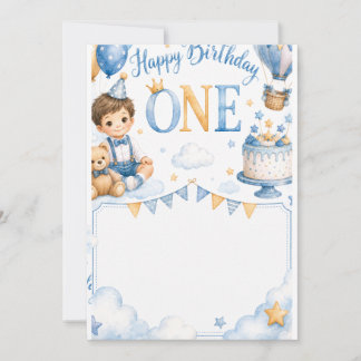 Cute Baby Boy 1st Birthday Invitation Watercolor Kaart