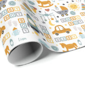 Cute Baby Boy Car en Speelgoed Pattern met naam Cadeaupapier (Rol Hoek)