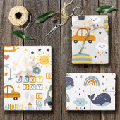 Cute Baby Boy Car en Speelgoed Pattern met naam Inpakpapier Vel
