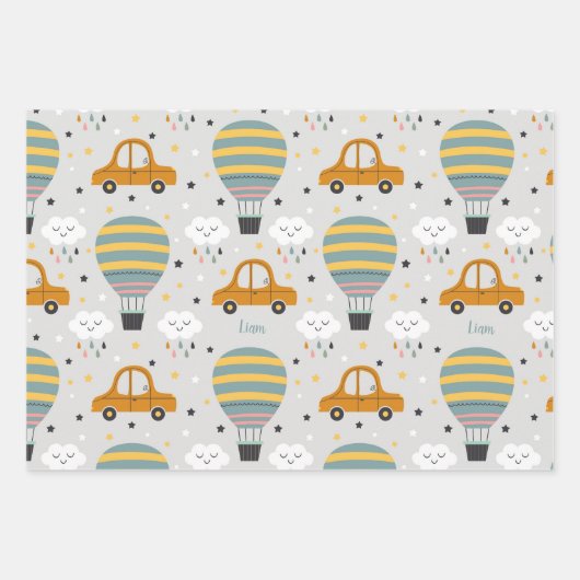 Cute Baby Boy Car en Speelgoed Pattern met naam Inpakpapier Vel (Voorkant 2)