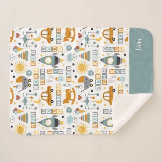 Cute Baby Boy Car en Speelgoed Pattern met naam Sherpa Deken (Voorkant (horizontaal))
