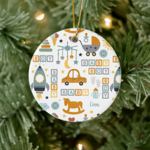 Cute Baby Boy Car Speelgoed Pattern met naam Kerst Keramisch Ornament