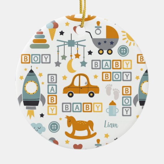 Cute Baby Boy Car Speelgoed Pattern met naam Kerst Keramisch Ornament (Voorkant)