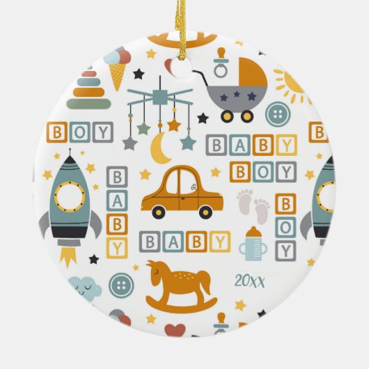 Cute Baby Boy Car Speelgoed Pattern met naam Kerst Keramisch Ornament (Achterkant)