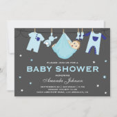 Cute Baby Boy Clothesline Baby shower Invitation Kaart (Voorkant)