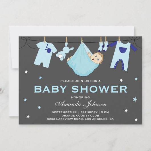 Cute Baby Boy Clothesline Baby shower Invitation Kaart (Voorkant)