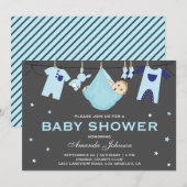 Cute Baby Boy Clothesline Baby shower Invitation Kaart (Voorkant / Achterkant)