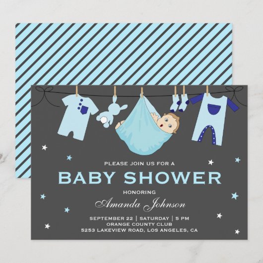 Cute Baby Boy Clothesline Baby shower Invitation Kaart (Voorkant / Achterkant)