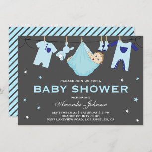 Cute Baby Boy Clothesline Baby shower Invitation Kaart