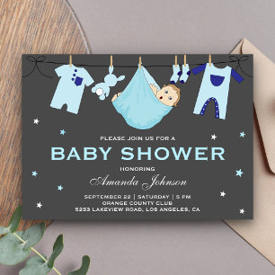Cute Baby Boy Clothesline Baby Shower Uitnodiging