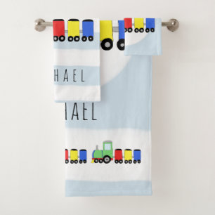 Cute Baby Boy Colorful Locomotive Train & Name Bad Handdoek