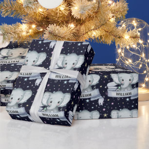 Cute Baby Boy Elephant Custom Name Stars Blue Cadeaupapier