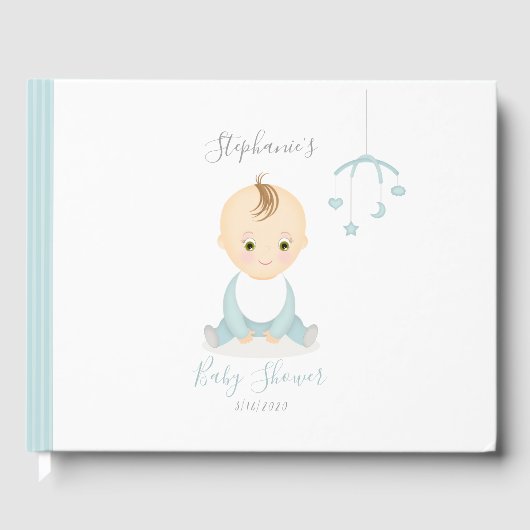 Cute Baby Boy en zijn mobiel Baby shower Gastenboek (Voorkant)