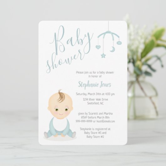 Cute Baby Boy en zijn mobiel Baby shower Kaart (Staand voorkant)