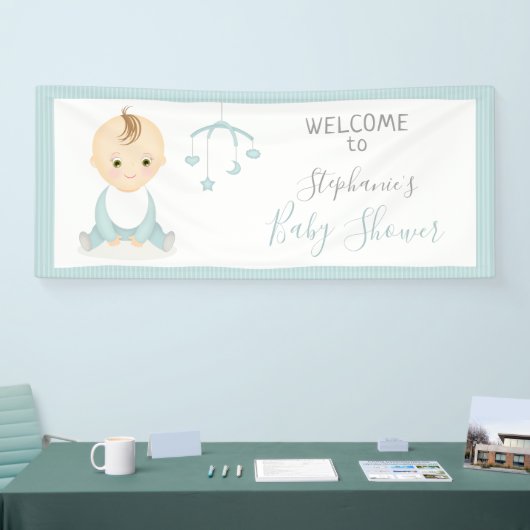 Cute Baby Boy en zijn mobiel Baby shower Spandoek (Beurs)
