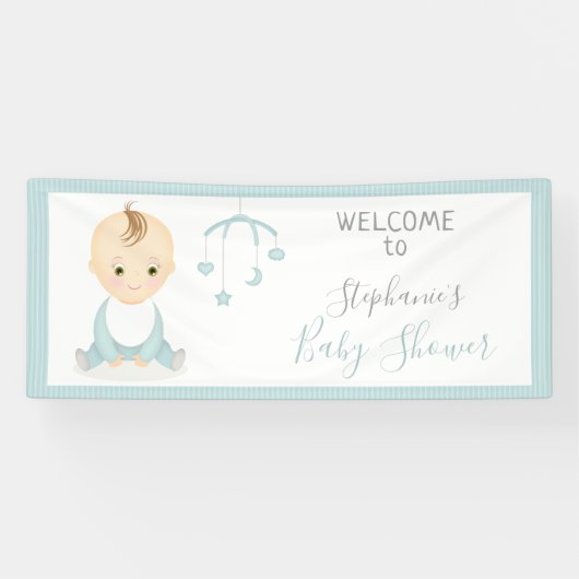 Cute Baby Boy en zijn mobiel Baby shower Spandoek (Horizontaal)